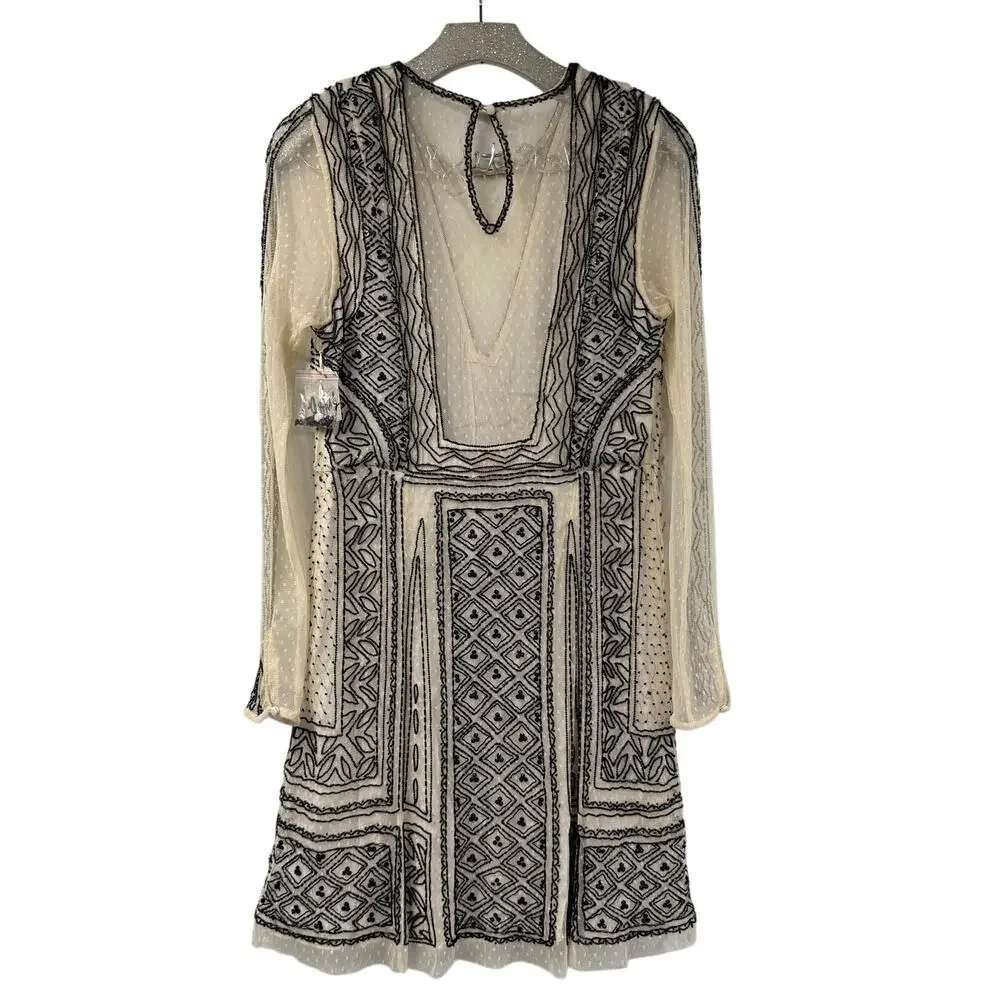 FreePeople Valentina Beaded Party Dress 12 Long Sleeve Sheer Lined Intricate NWT